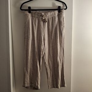 Juniper + Lime Women's Casual Tan Striped Linen Cropped Pants